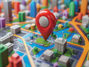 3D map render featuring a location pin highlighting a local restaurant. Local SEO | The Marketing Assembly