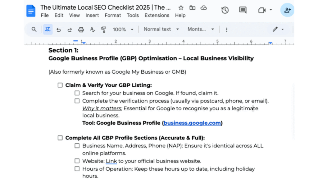 Local SEO Checklist Screenshot | The Marketing Assembly