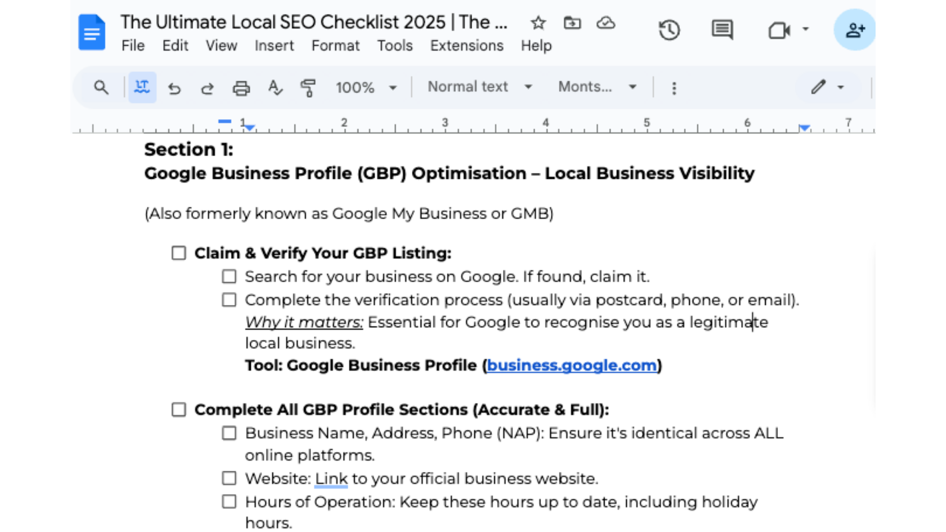 Local SEO Checklist Screenshot | The Marketing Assembly